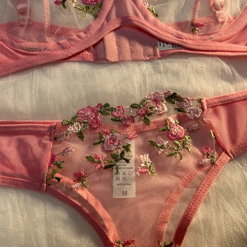 Sexy Underwear For Women Transparent Embroidered Small Flowers Bra Hot Lingerie Panties Intimates Woman Two Piece Set Clothing