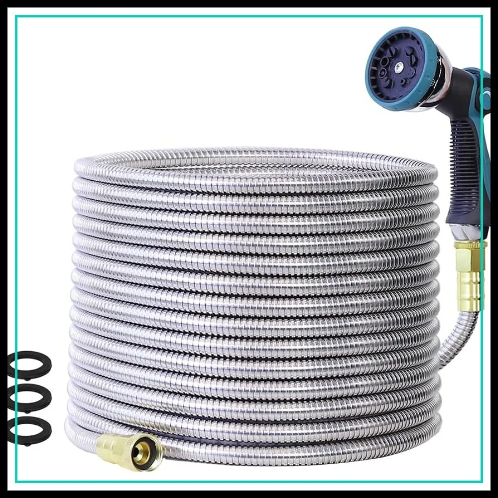 

75FT Stainless Steel Garden Hose, Flexible Metal Water Hose with 10-Mode Nozzle, No Kink, Lightweight, Puncture Proof for Yard & Lawn