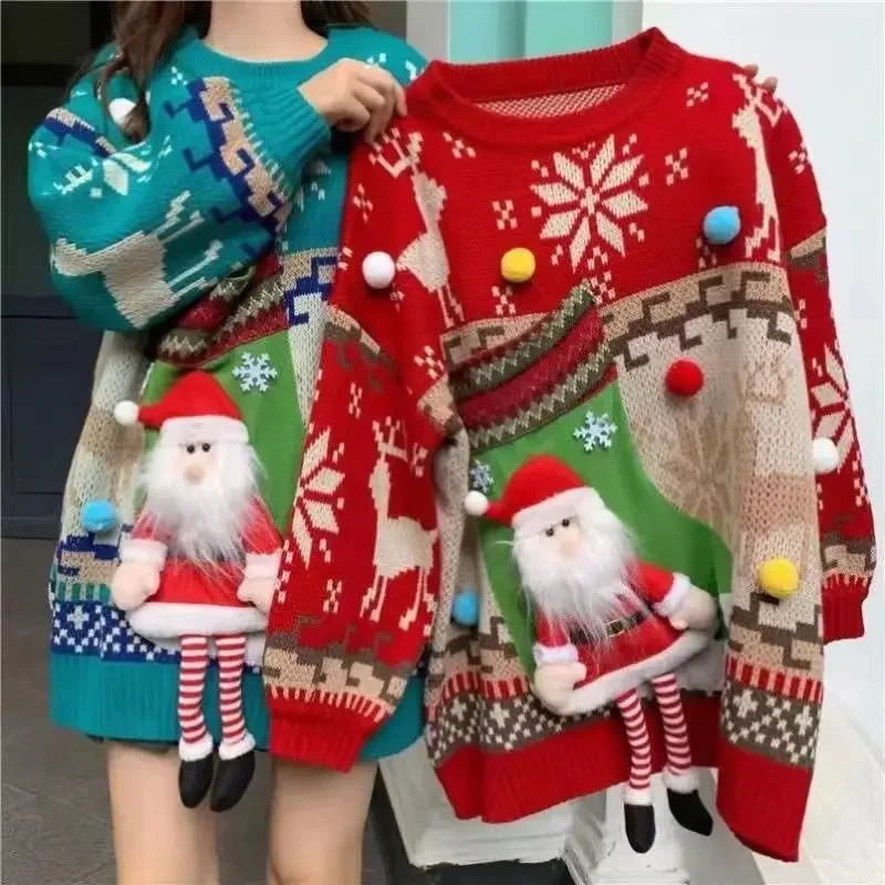 Autumn and Winter New Christmas Doll Decoration Knitted Sweater Men's Women's Korean Lazy Style Casual Loose Round Neck Pullover