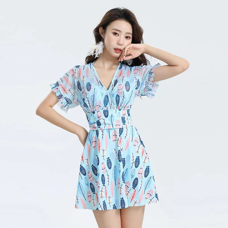 

Halter Tunic Swimwear Women V Neckline Sexy One Piece Swimsuit Swim Skirt Korean Style Bathing Suit Hot Spring Clothes Beachwear