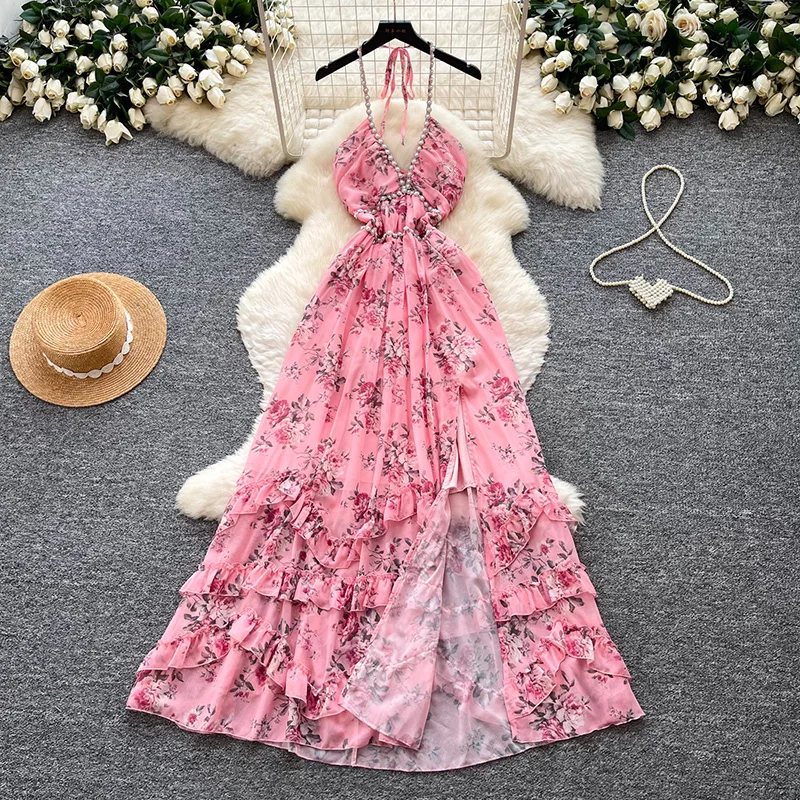 Sommerliches französisches V-Ausschnitt-Neckholder-Blumenkleid für Damen – Neues Party-Trägerkleid mit Nagelperlen, tailliert und Rüschenkante Y58