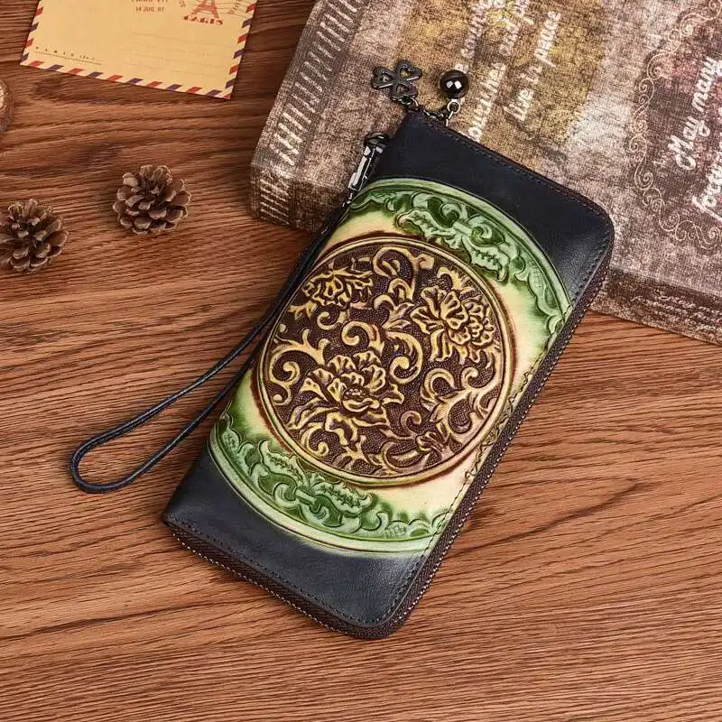 MOTAORA Women's Genuine Cow Leather Wallet – Long Embossed Ethnic Purse with Card Slots & Phone Pocket, Retro Handbag Gift