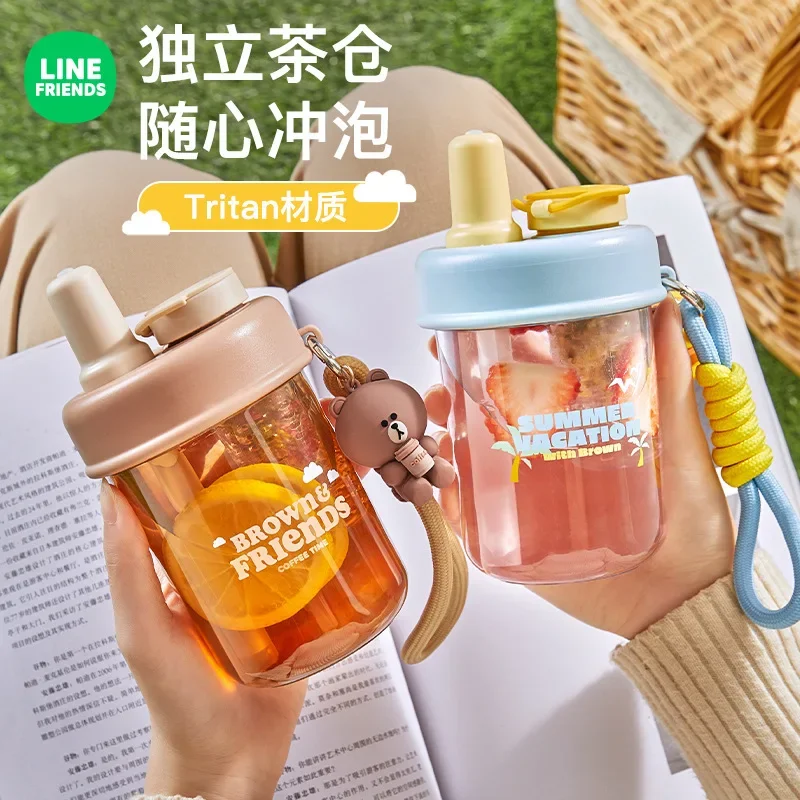 400ml Line Friends Brown Heat-resistant Tritan Straw Water Cup Detachable Independent Tea Warehouse Portable Sealed Water Cup