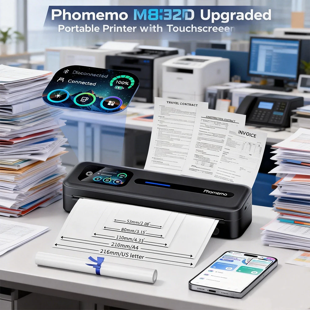 

Портативный термопринтер Phomemo M832D с сенсорным экраном, без чернил, поддерживает печать форматов A4 и US Letter, совместим с iOS/Android/ПК