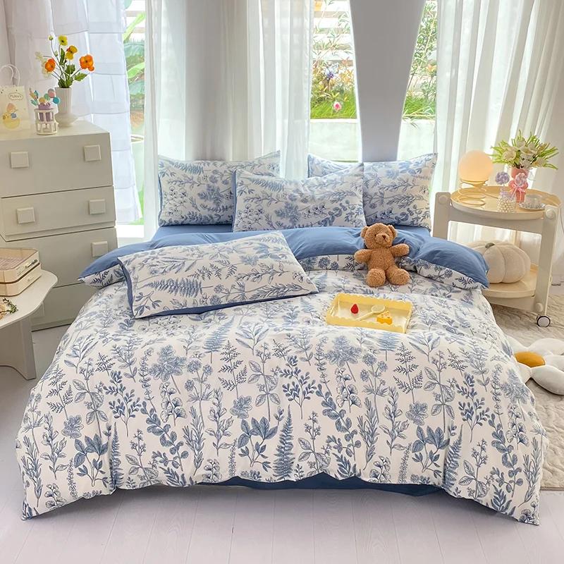 Blue Floral Duvet Cover Queen 3 Pieces Botanical Leaves Patterns Soft Bedding Set with Zipper Closure for Teens Adults Bedroom