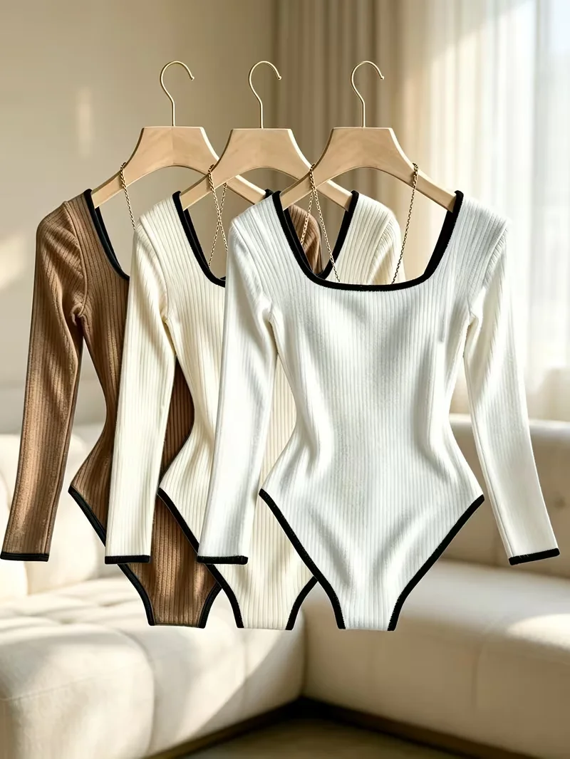 Women 3 Pack Square Neck Long Sleeve Knit Bodysuits Black White Binding Ribbed Slim Stretchy Basic sports Tops & Tees clothes