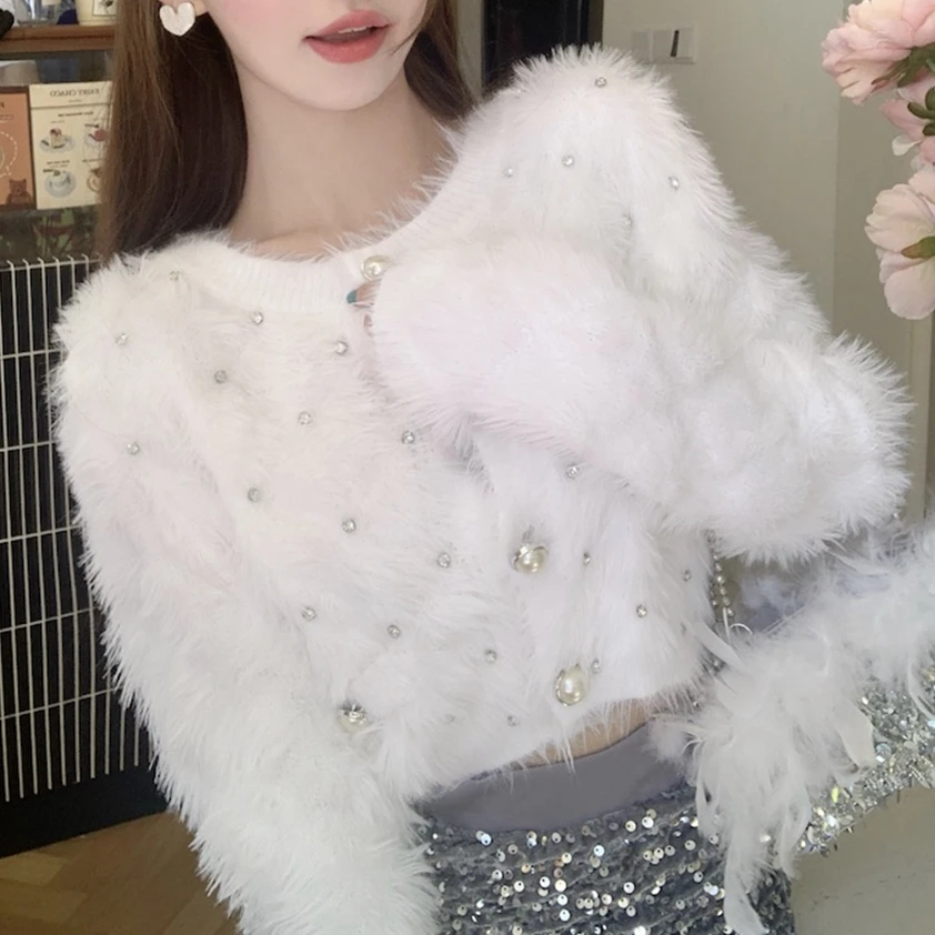 Diamond Long-sleeved White Pink Warm Sweater Women Autumn 2023 Plush Knitted Sweater Crop Cardigan Short Top Ropa De Mujer