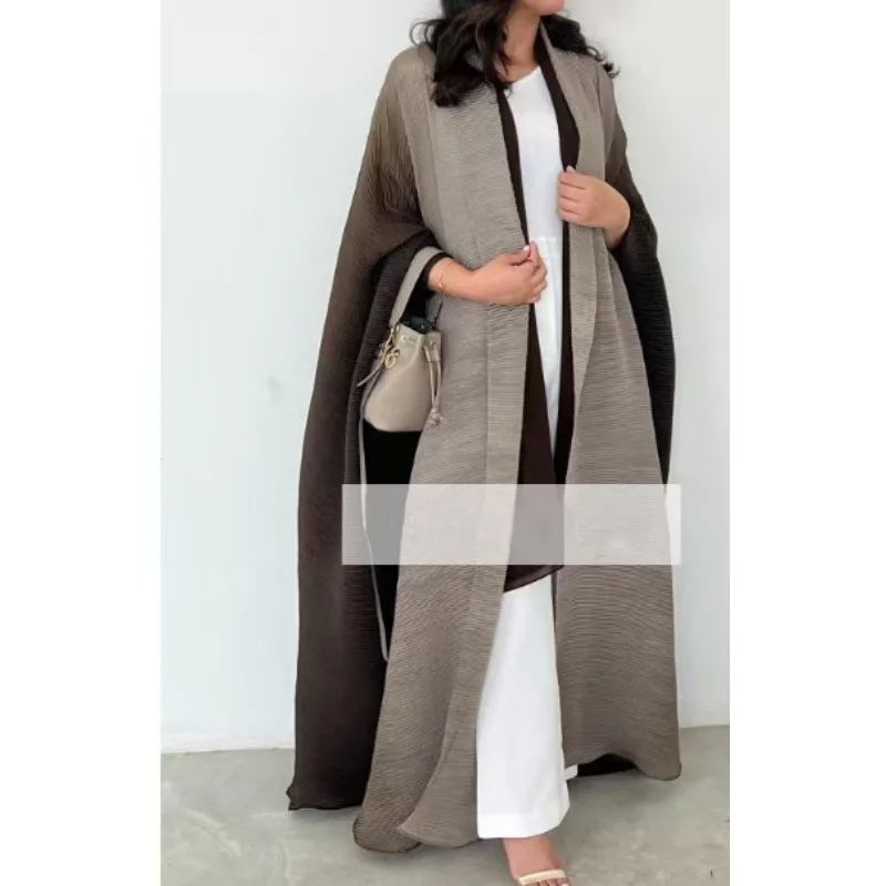 Abaya Luxury Robe Miyake Pleated Cardigan Plus Size Trench Coat Loose Elegant Scarf Neck Outer Poncho Modest Islamic Clothing