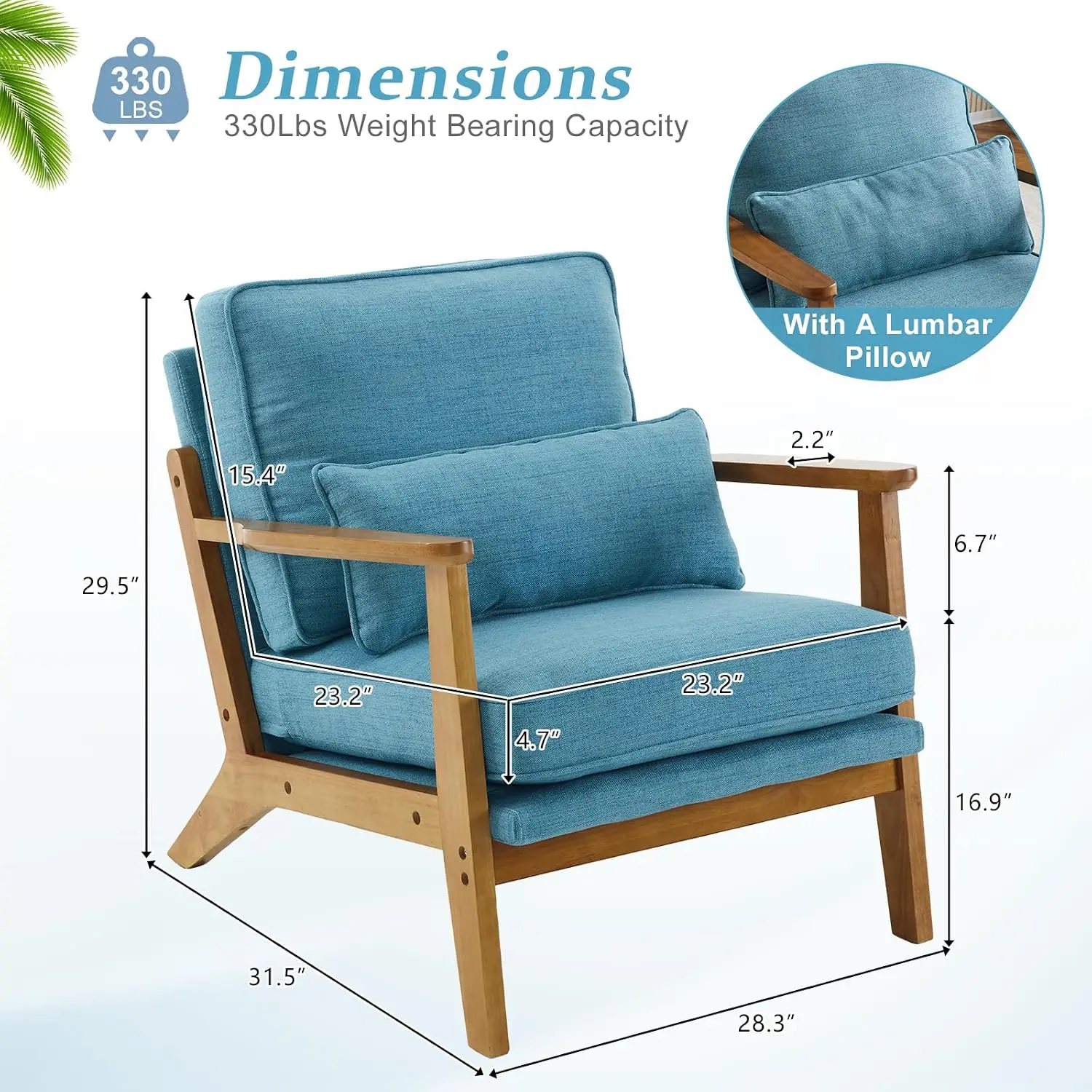 Wide Armrest Solid Wood Accent Chair Set of 2, Upholstered Mid Century Modern Chair with Pillow, Comfy Reading Chair Customized