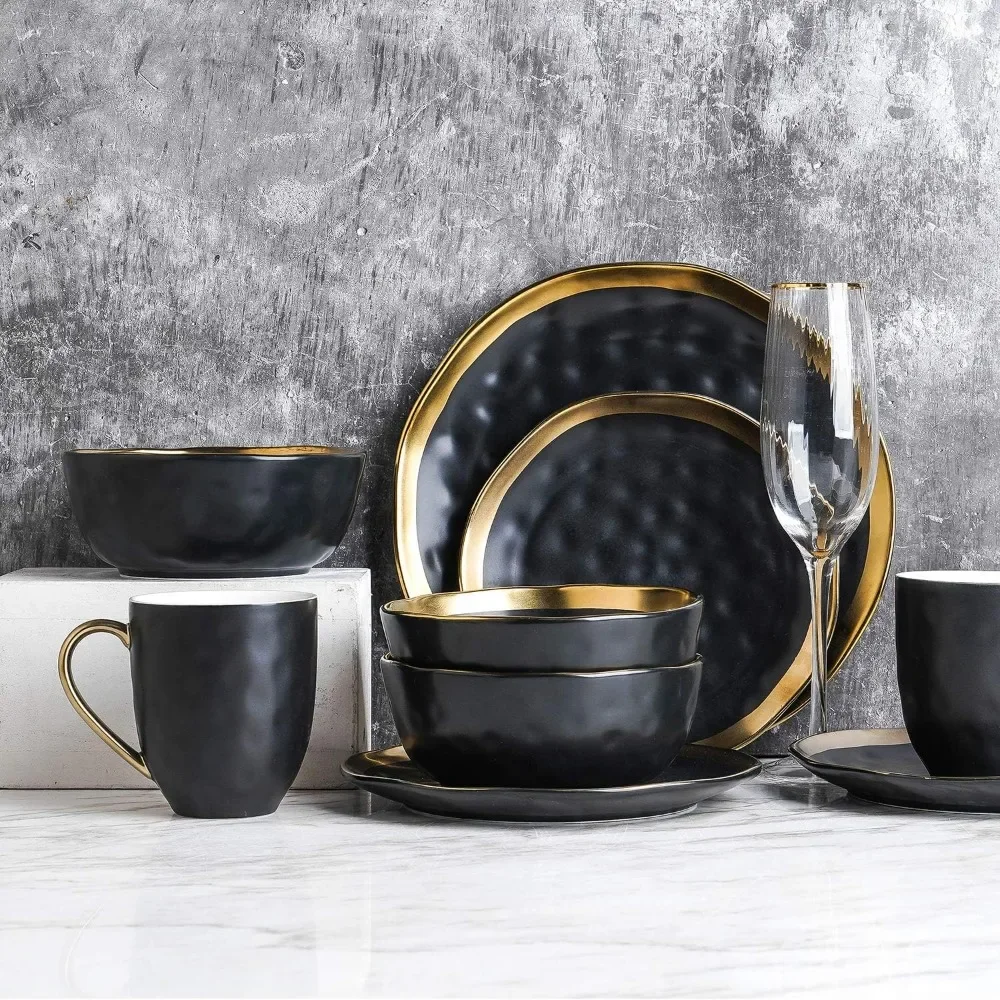 

Stone Lain Modern Poreclain 16 Piece Dinnerware Set, Plates and Bowls Set, Dish set for 4, Black And Golden Rim