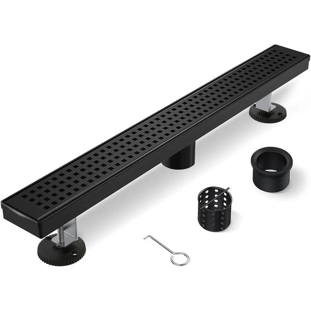 

24 Inch Matte Black Linear Shower Drain with Removable Square Grate and Adjustable Feet