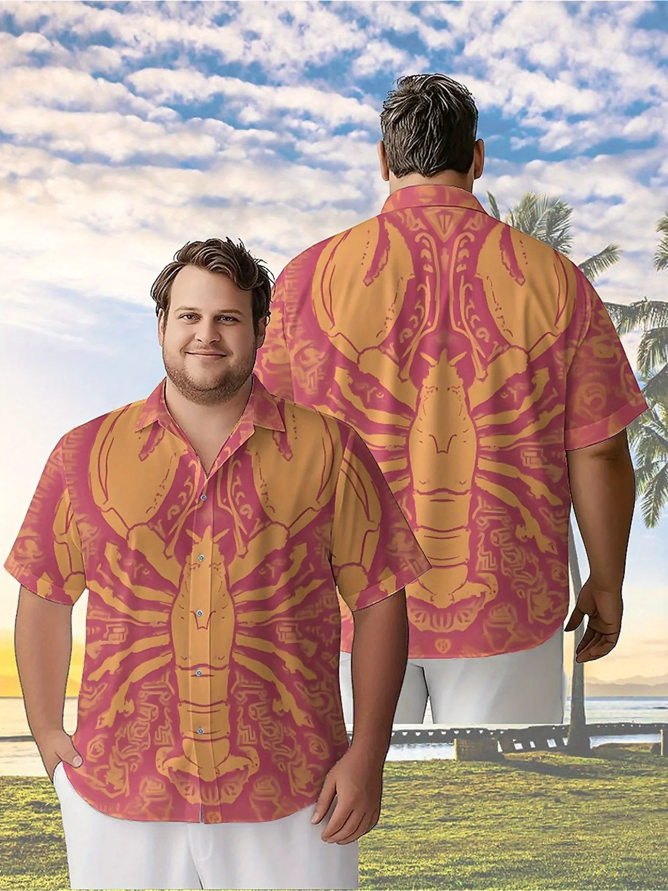 Men's Plus Size Hawaiian Shirts Lobster Theme Pattern, Button Up Shirts, Unisex Casual Clothing, Summer Tops
