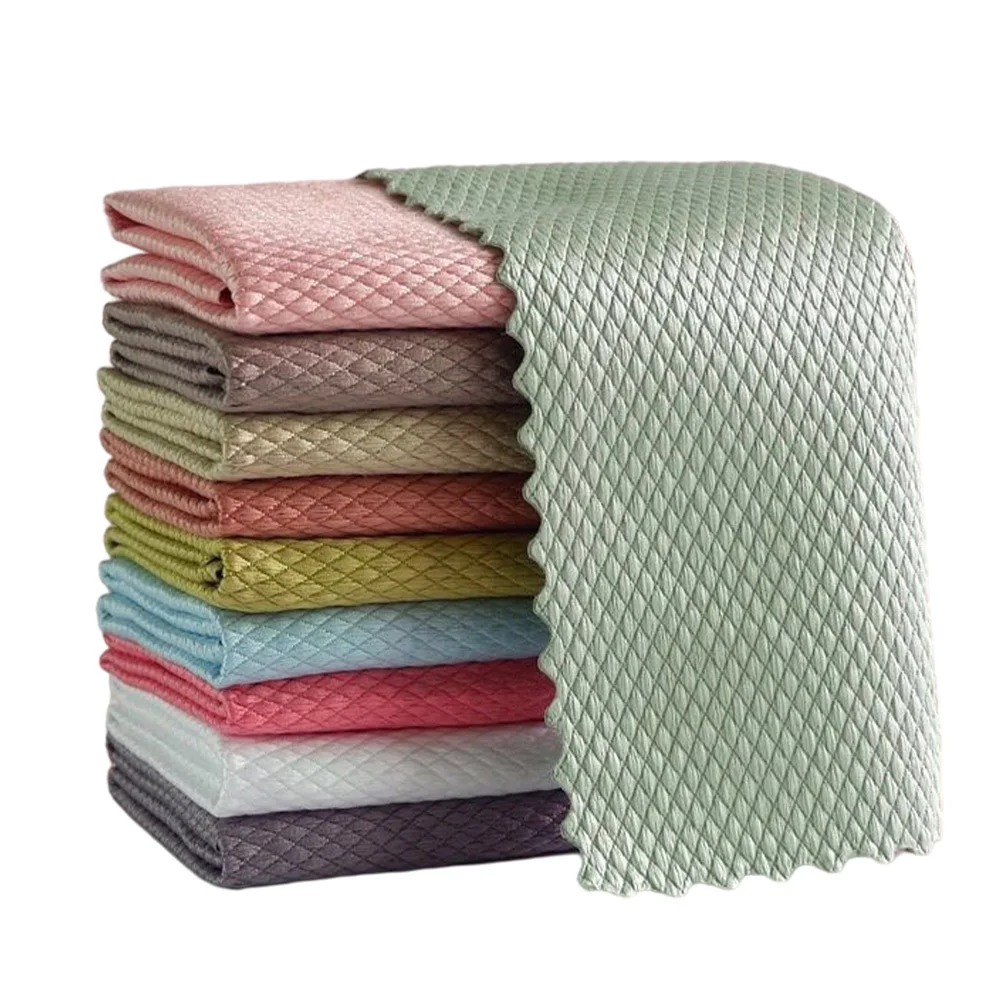 

10pcs Dish Towels Kitchen Cleaning Cloth Fish Scale Design For Dishes Glass Cookware Furniture Oil Free Microfiber Wiper Home