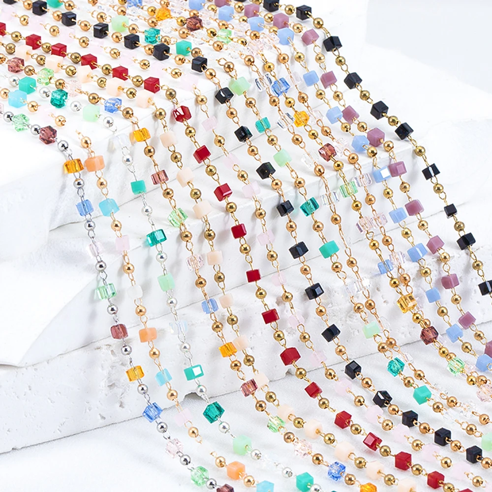 

1Meter Bohemian Crystal Cube Bead Boho Chain Colorful Black Green Square Beads Chain for Necklace Bracelets Jewelry Making DIY
