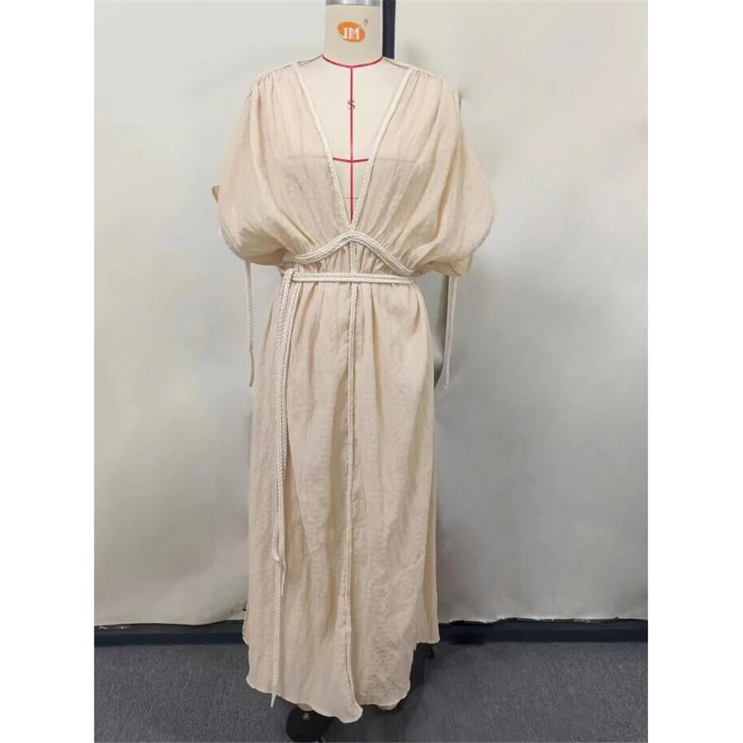 Tief ausgeschnittenes, kurzärmeliges, hochgeschlitztes, gehäkeltes Strick-Tunika-Strandkleid, Strandmode, Damen-Strand-Cover-up, V5646 – Detail 9