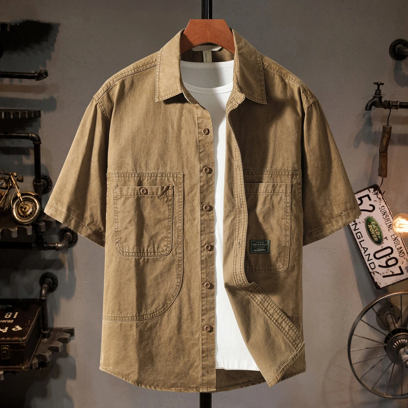 

Z943# Summer New American Retro Short Sleeve Lapel Cargo Shirt Men's Amekaji 100% Cotton Washed Double Pocket Loose Casual Tops