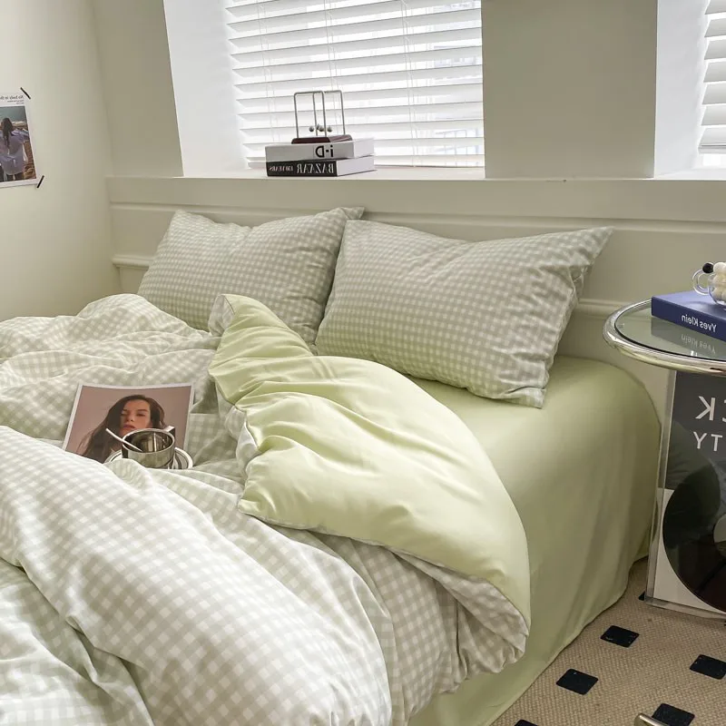 Japanese Style Grid Printed Bedding Sets Washed Cotton Sleeping Naked Quilt Cover Sets Queen/king Size Bed Linens Set