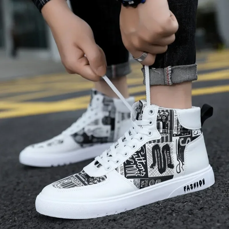 Trend Men\'s Shoes High Top Men Boots Personality Graffiti casual Shoes 2024 Four Seasons Student Skateboard Sneakers Big Size 46