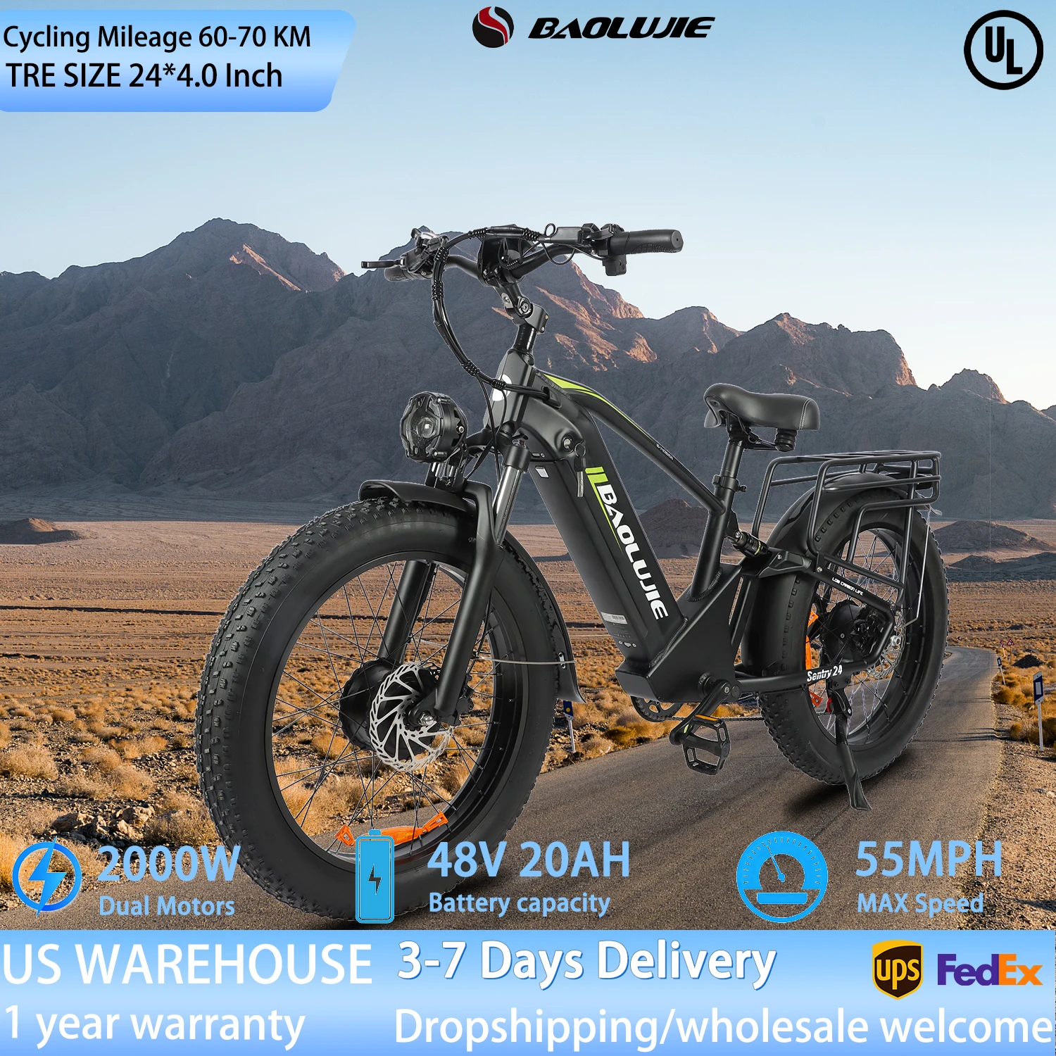 

E Bike Daul Motors Electric bicycle Peak 2000W Adult Electric Bike Max Speed 35 MPH 48V 20AH Removable Battery 24*4.0 Inches