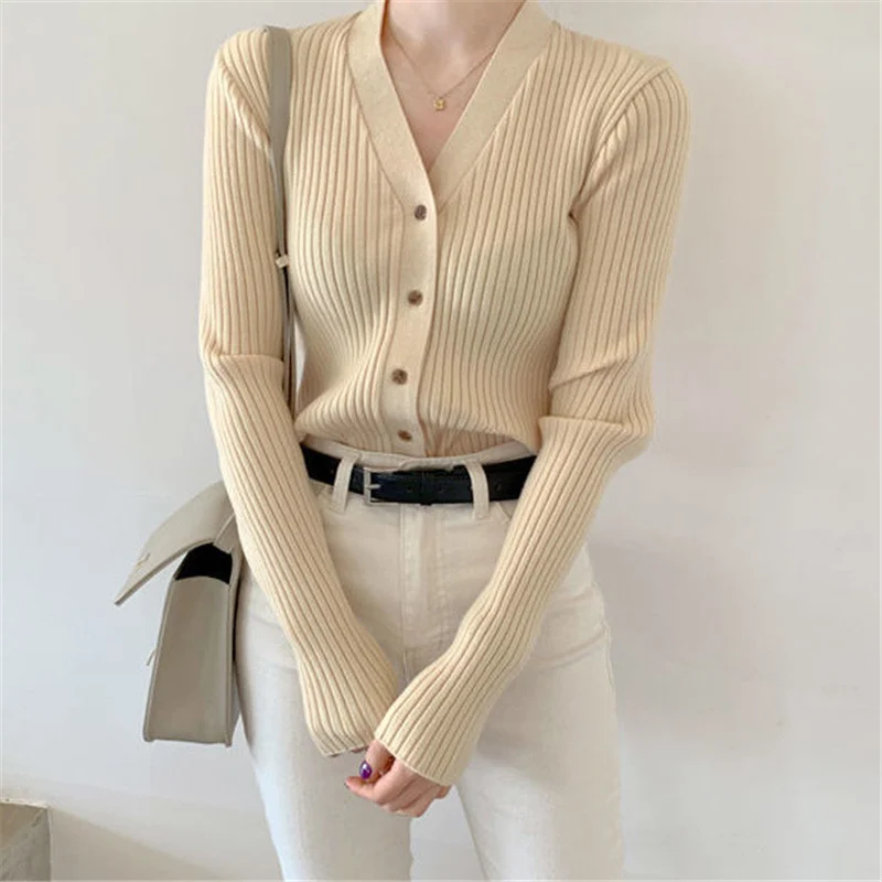 Autumn Winter Clothes Elegant V-Neck Slim Button Knitted Cardigan Women Korean Simple Black White All-Match Basic Ladies Sweater