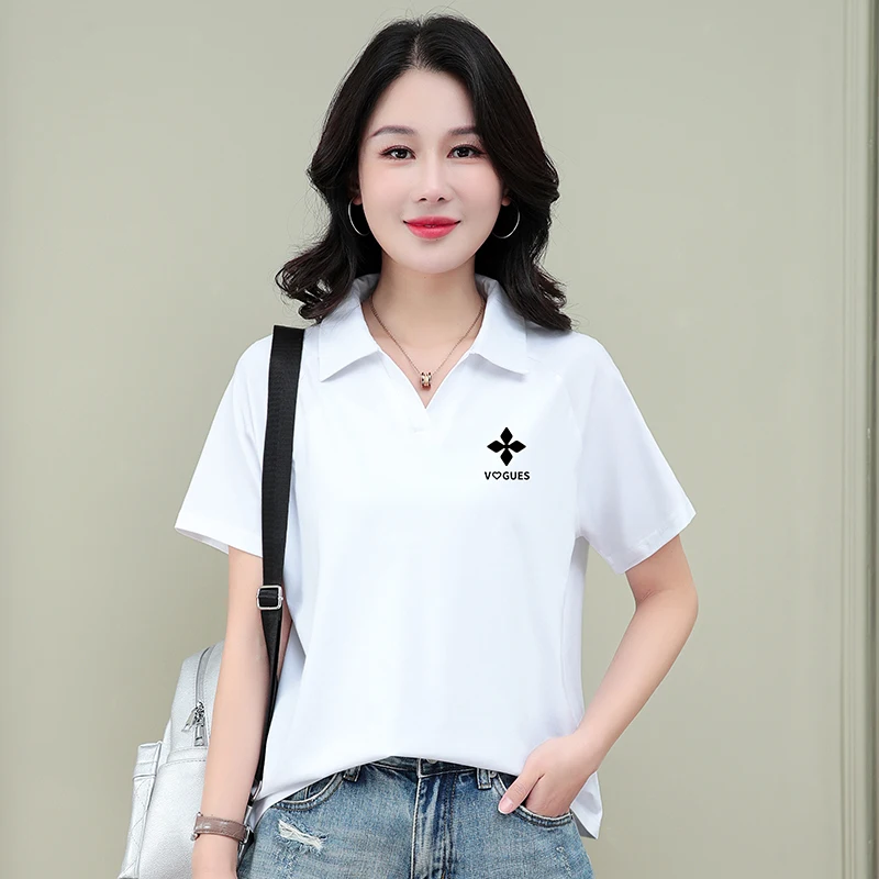 

2025 new large size middle-aged women's pure cotton lapel short-sleeved T-shirt for women's summer loose casual versatile top