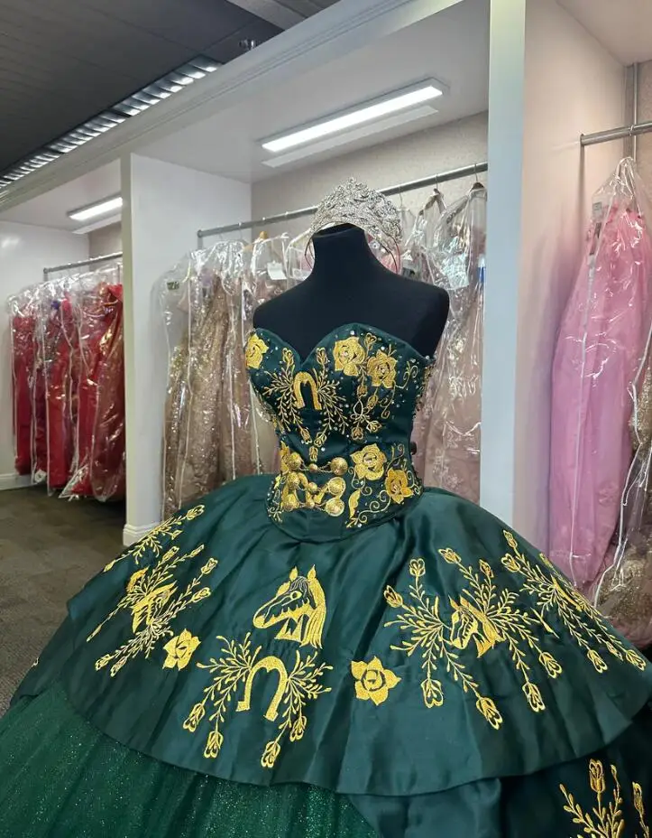 Hunter Green mexicano Charro Quinceanera Vestidos, querido cavalo dourado bordado vestido, vestido de baile, 15 anos