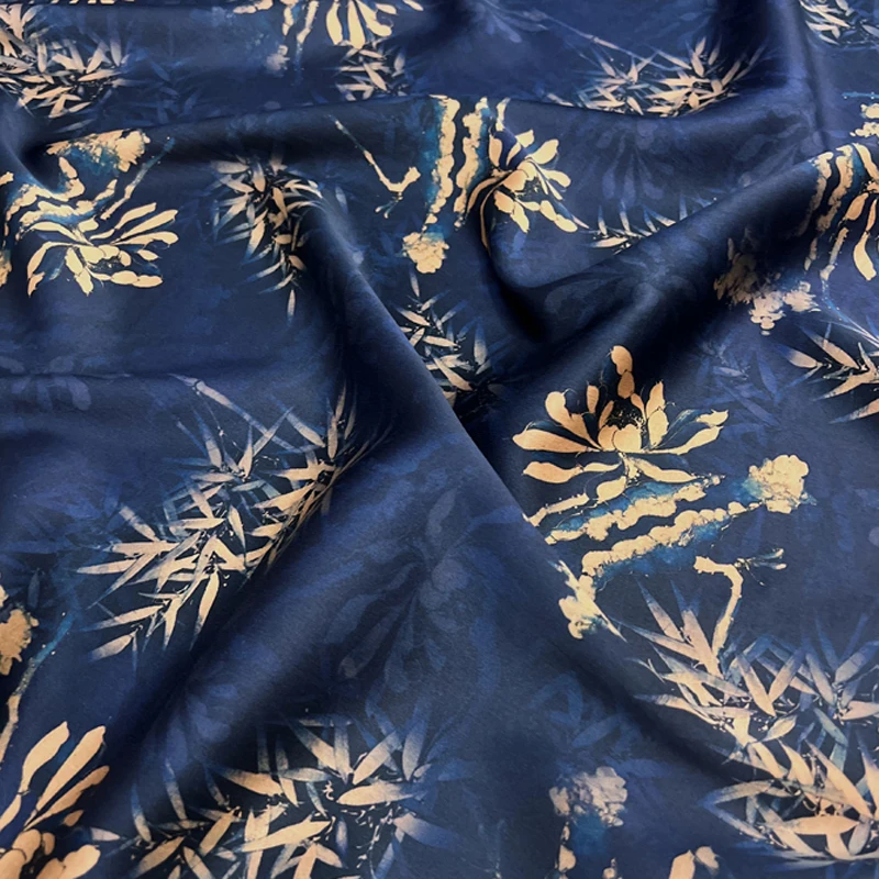 Gambiered Gauze Silk Fabric with Floral on Dark Blue Printed Design for Cheongsam Horse Face Skrit Dress, 120CM Wide 25MM E1558