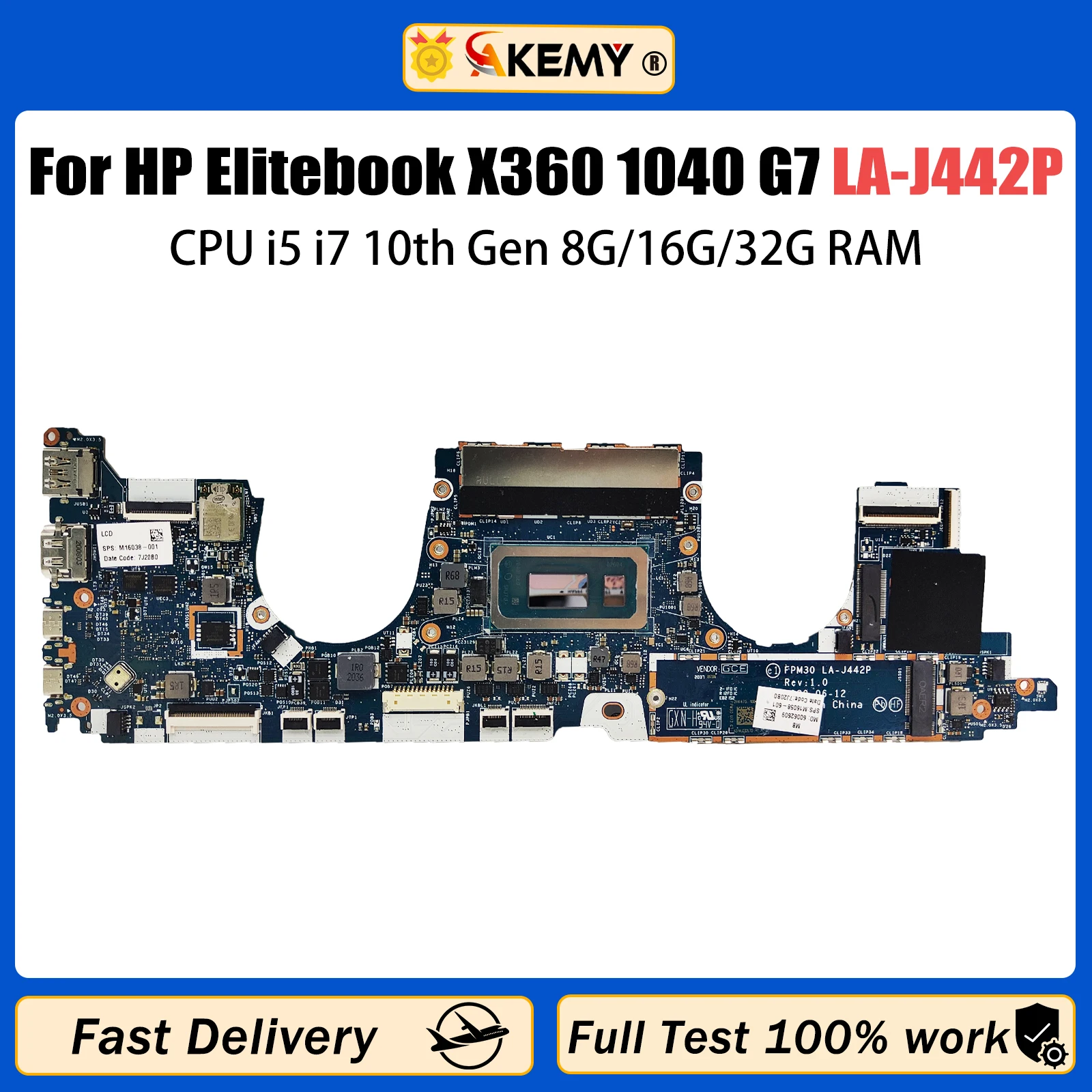 

AKEMY LA-J442P For HP Elitebook X360 1030 G7 Laptop Motherboard CPU i5 i7 10th 8G/16G/32G RAM Mainboard M16069-001 M16069-601