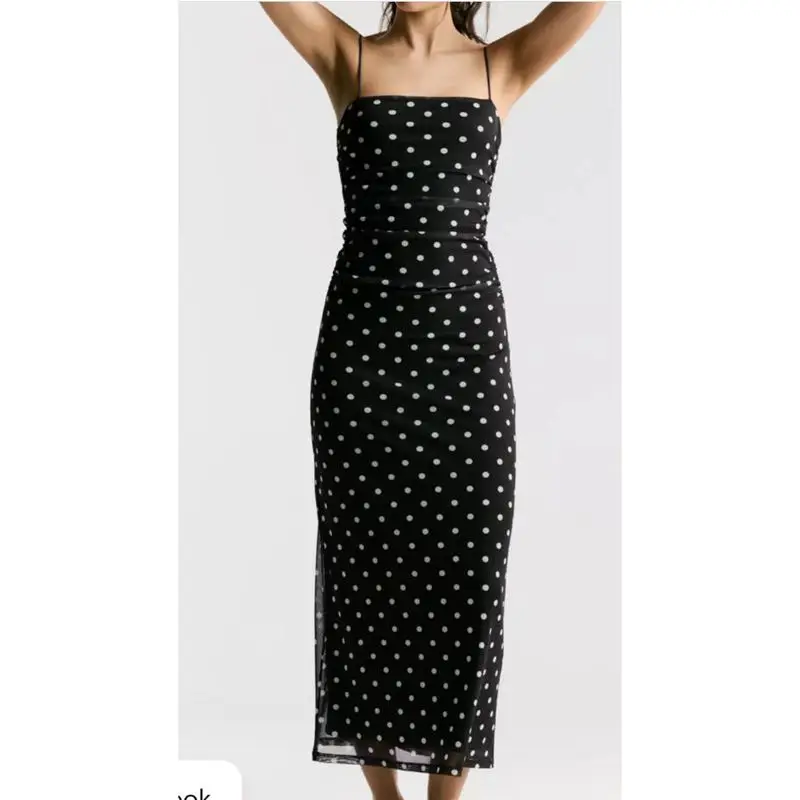 Combhasaki Abito lungo da donna estivo a pois senza maniche con scollo quadrato senza schienale in rete increspata a strati aderente aderente e aderente