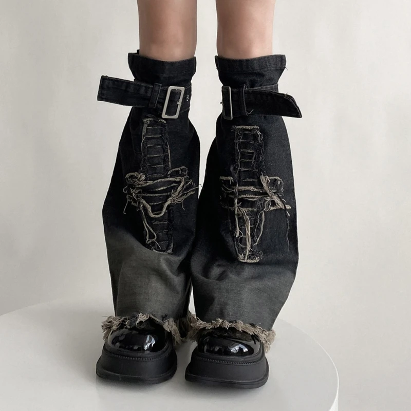 

Girls Punk Denims Leg Warmers Y2K Star Jean Flared Leg Sleeves Goth Baggy Cuffs Ankle Heap Socks JK Middle Tube Socks