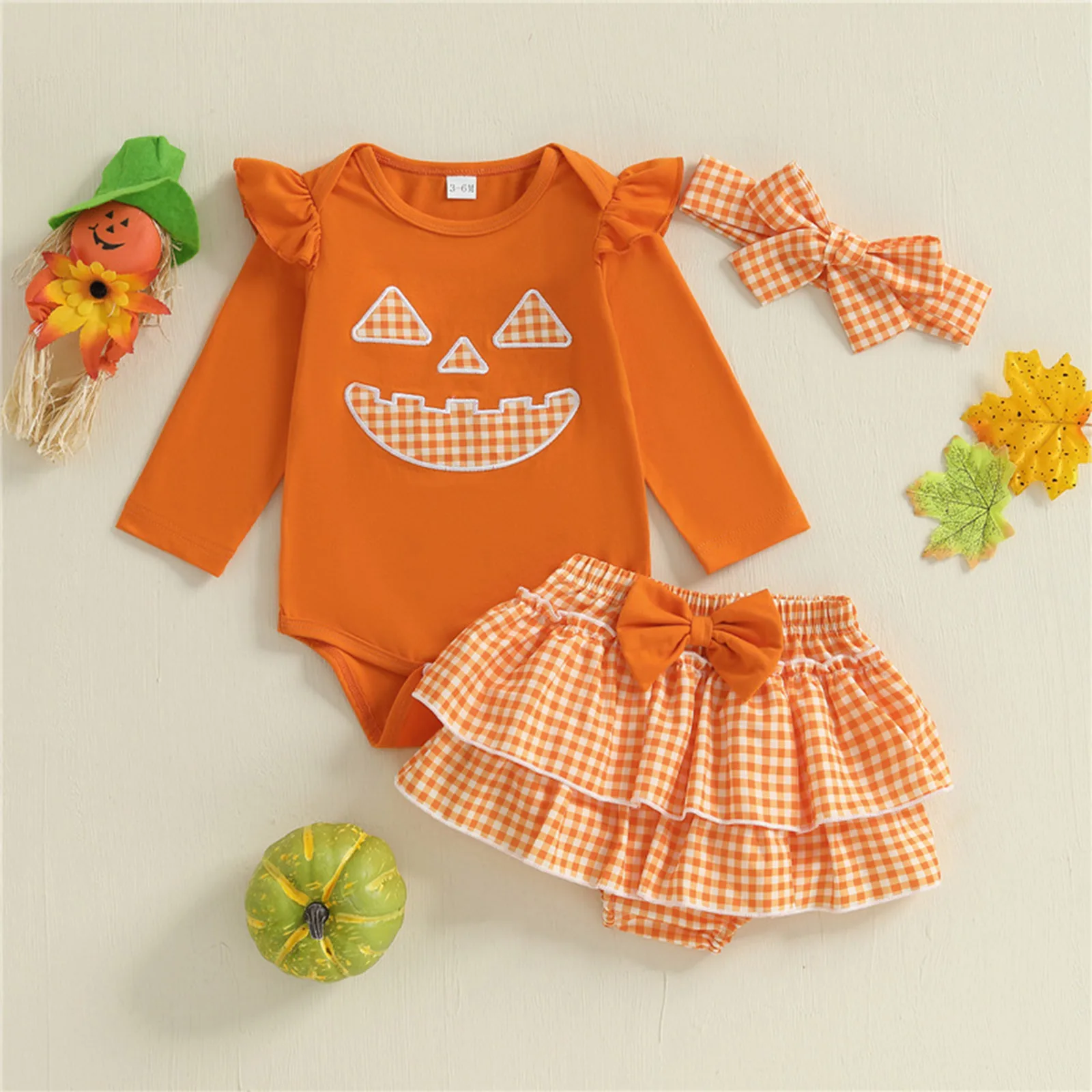 

Newborn Baby Girls Halloween Pumpkin Clothes Outfits Ruffles Long Sleeves Rompers with Tiered Ruffled Plaid Skirt Head Band Set