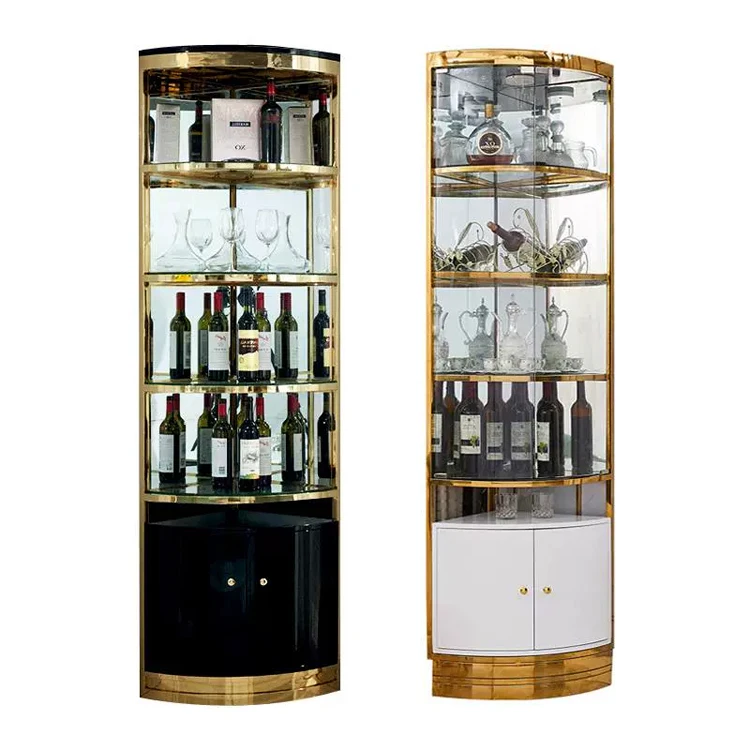 

Modern gold stainless steel wine rack display sideboard glass open wine cabinet restaurant furniture