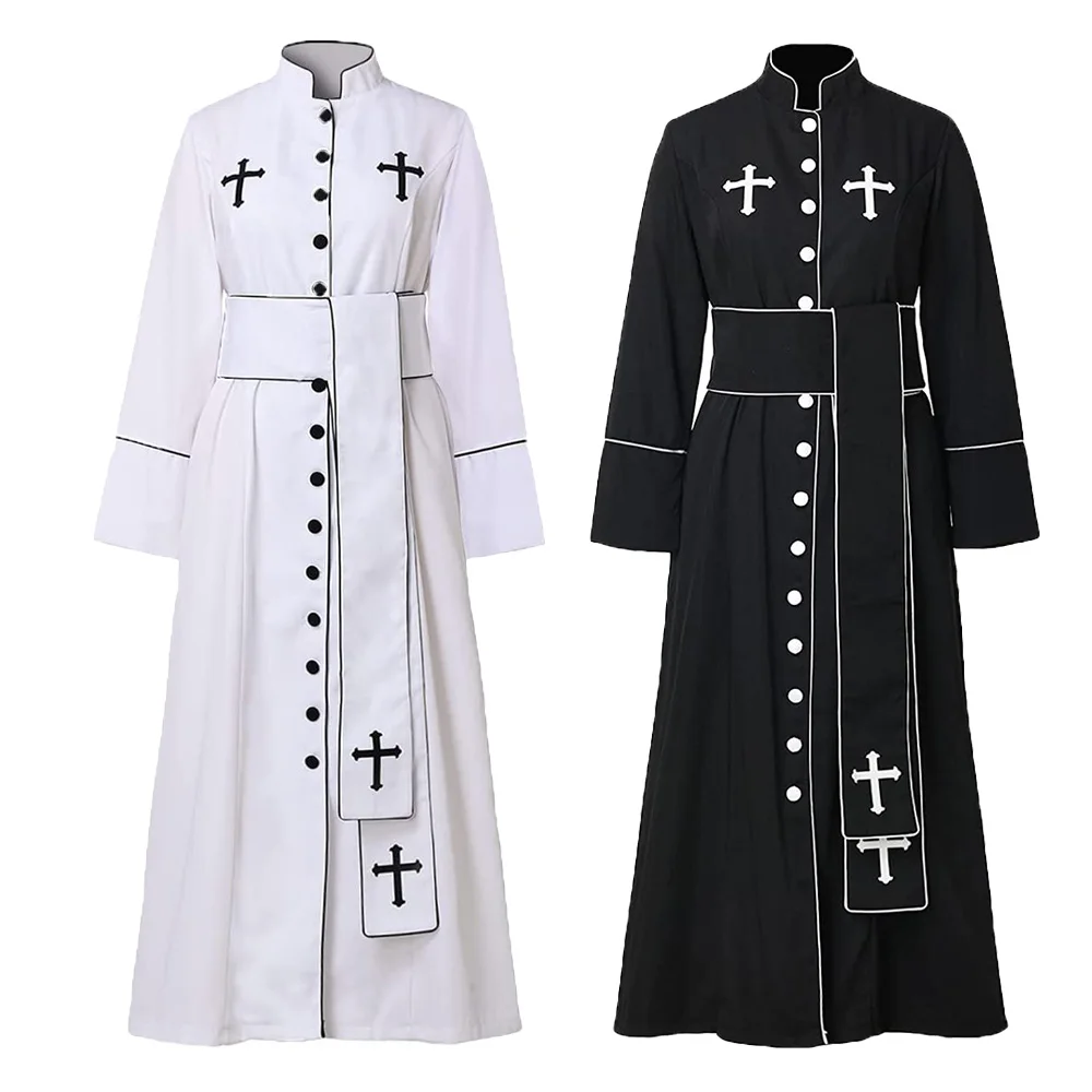 Disfraz de sacerdote para hombre, bata blanca de pastor, bata negra para iglesia, clero, cinturón de sotana romana, traje de Navidad y Halloween