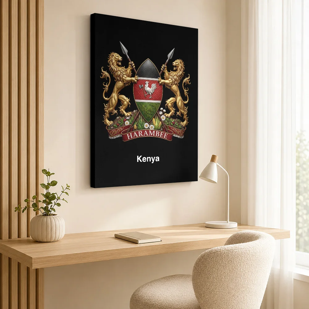 Kenya Coat Of Arms Emblem Wood Framed Canvas Poster Customized Photo Traditional Heraldic Illustration Wall Art For Living Room