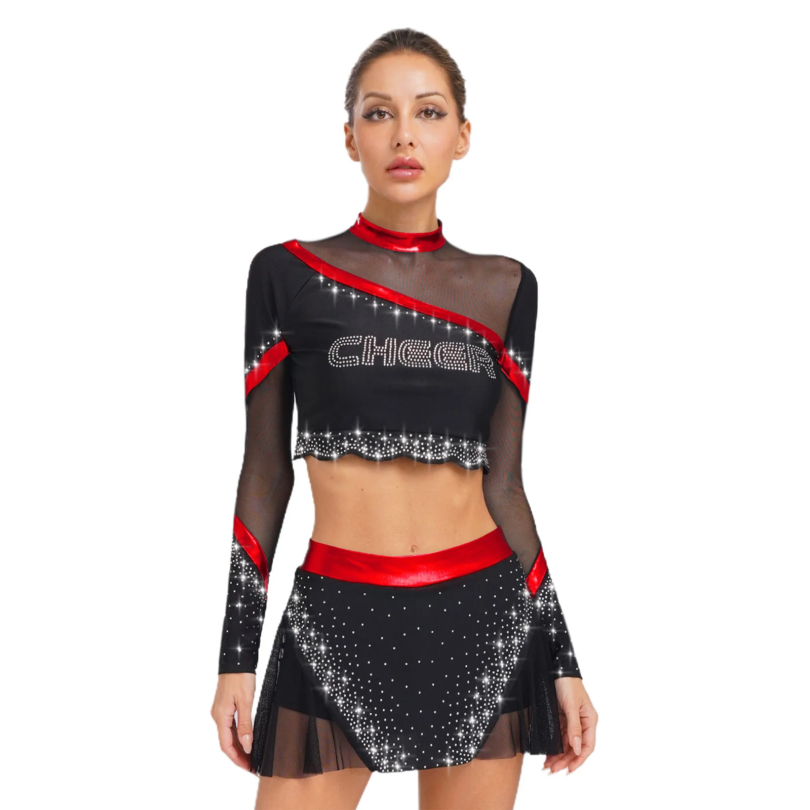 

2Pcs/Set Women Cheerleading Dance Outfits 2025 Long Sleeve Rhinestone Crop Tops+Skirt Cheerleading Performance Costume Dancewear