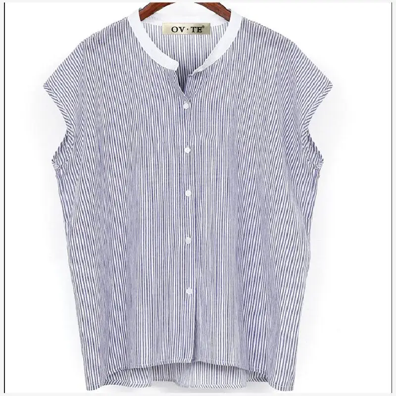 ملابس صيفية فضفاضة مخططة للنساء مقاس كبير وياقة واقفة وزر واحد، ملابس عصرية بالإضافة إلى مم