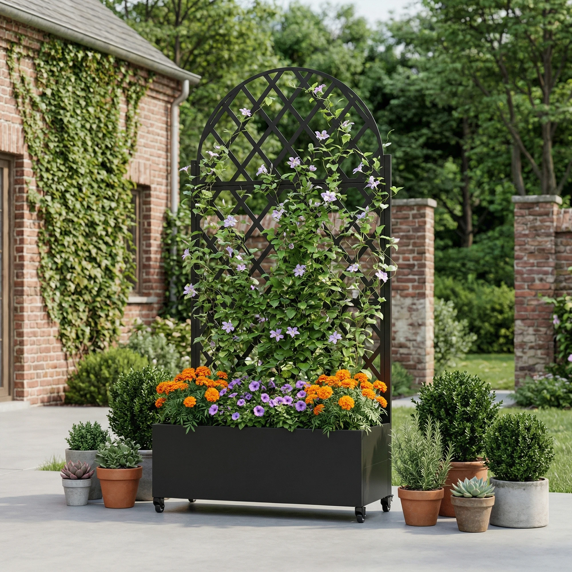 6 ft. H x 3 ft. W Metal Planter Box privacy screen Garden Bed with Trellis and Wheels - Black view 2