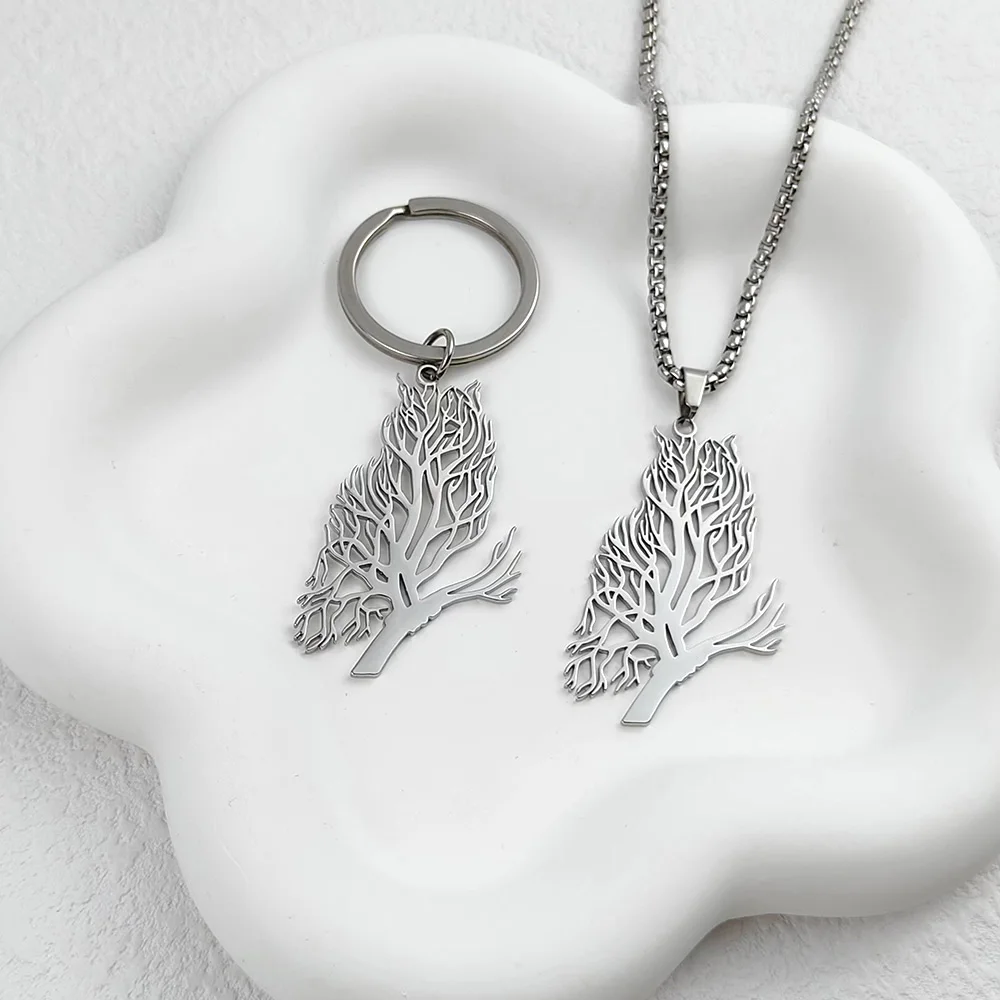 316L Stainless Steel Tree Owl Pendant Necklace Keychain Hollow Owl Tree Jewelry Unisex Accessory Gift