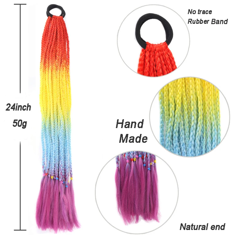 Synthetic Rainbow Color Braided Ponytail For Girls Hair Elastic Rubber Band 24inch Kids Box Pigtail Pony Tail Hair Extensions