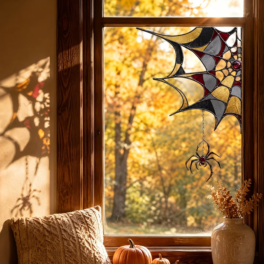 1pc Vintage Stained Glass Spider Web with Hanging Red Gem Spider Pattern, Halloween Static Cling Window Sticker, Window Tint