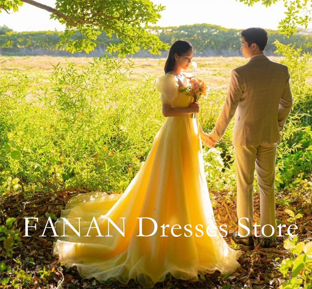 

FANAN Customized Yellow Evening Party Dresses Korea Organza Puff Sleeves Wedding Women Gowns Event Prom Gowns Customized