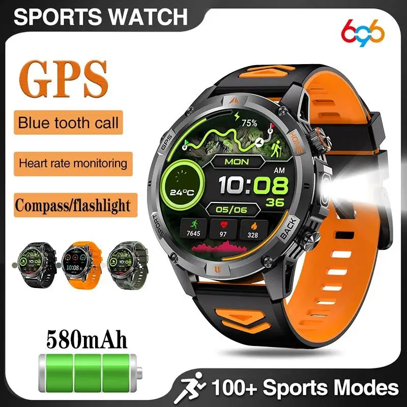 

New Smart Sports Watches Outdoor Flashlight Compass GPS Smart Watch Blue Tooth Call IP68 Waterproof Health Smartwatch 580Mah