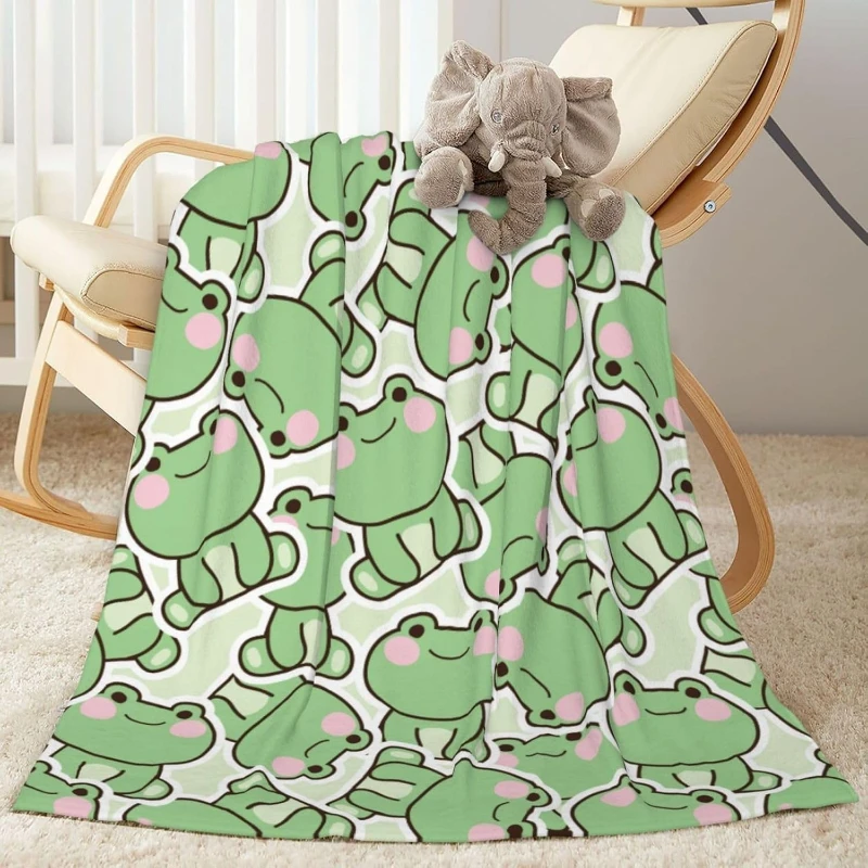 Cute Cartoon Frog Pattern Blanket for Kids Green Pink Froggy Warm Soft Cozy Throw Blanket for Couch Bed Sofa Camping Travel
