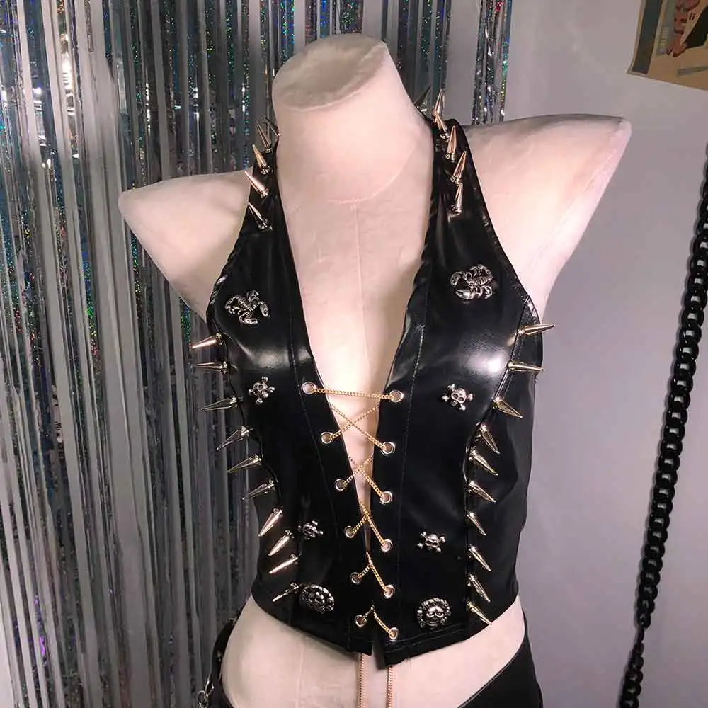 

Grunge Eco 90s Y2K TOPS DIY Emo Gothic Tank Kawaii Punk Rock Studded Rivet Goth E-Girls Hand Made Skull Harajuku Rave Outfits