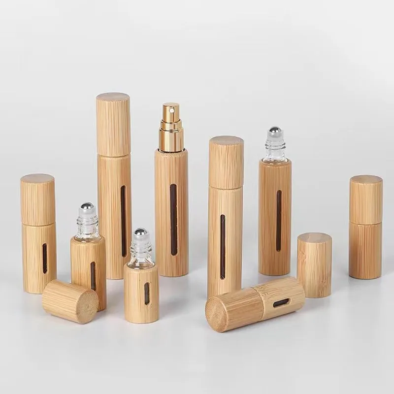 100pcs 3/5/10Ml Bamboo Roll On Bottle wood Roller Essential Oil Lip Gloss Refillable Tube Empty Wood/Glass Perfume Bottle