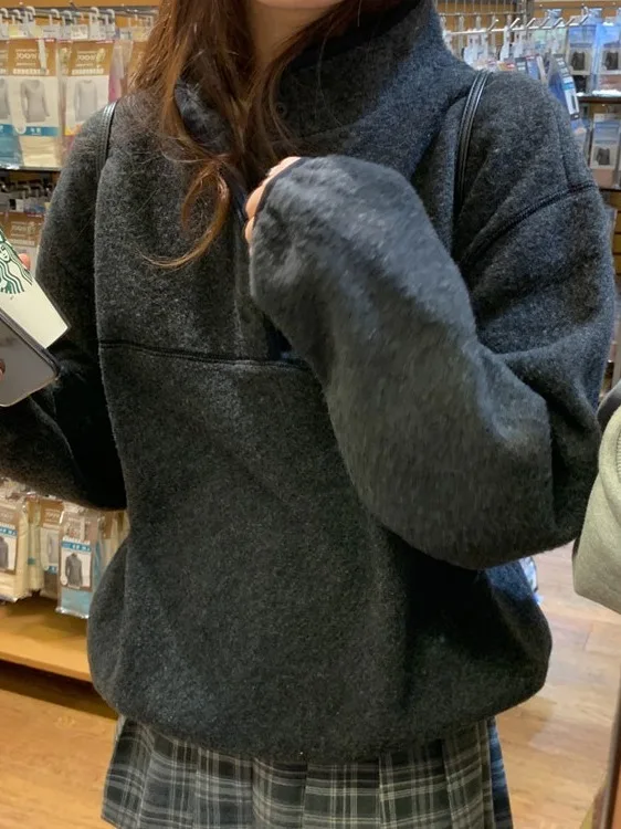 Chic Retro Thiened Warm Sweatirt Women's Loose Top f High Collar  Design Winter New Sle Comfortable Casual Wear