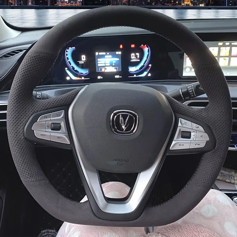 DIY Hand-Stitched Suede Car Steering Wheel Cover for Changan CS75 Eado Alsvin CS85 CS55 Auchan X5 Interior Car Accessories