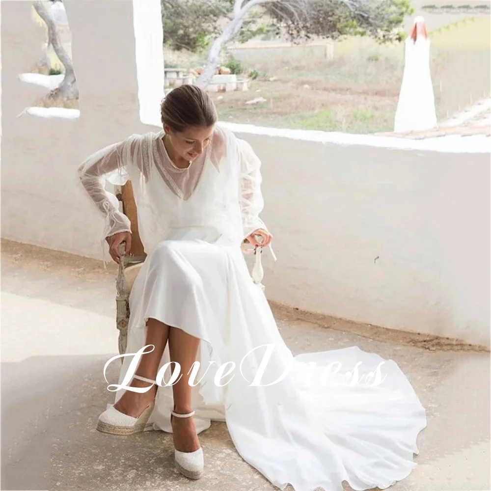 Boho V-Neck Wedding Dress Chiffon A Line Long Sleeve Illusion Floor Length Bridal Dressing Gown White Bride Dresses 2024