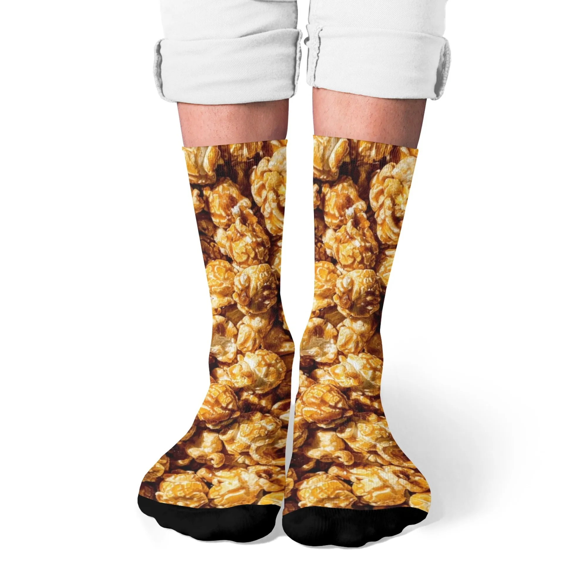 

Носки до середины икры в стиле ретро с карамельным попкорном и забавным карамельным принтом попкорна, теплые коричневые ностальгические ностальгические закуски в стиле ретро для ретро-темы