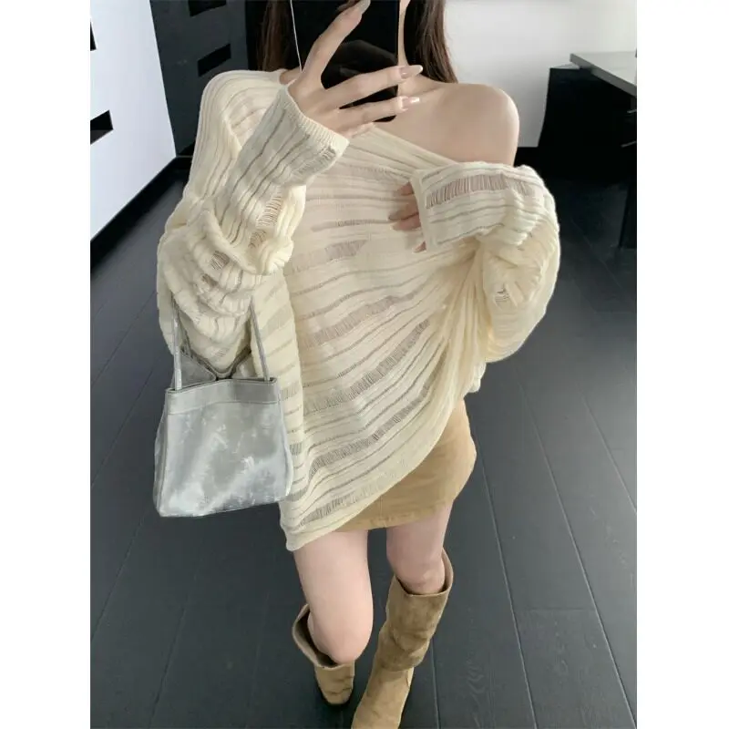 Chic Long Sleeve Knitted Sweater Women's Spring Autumn Cowl Neck Bat Style Casual Slimming Top Shoulder Texture Design